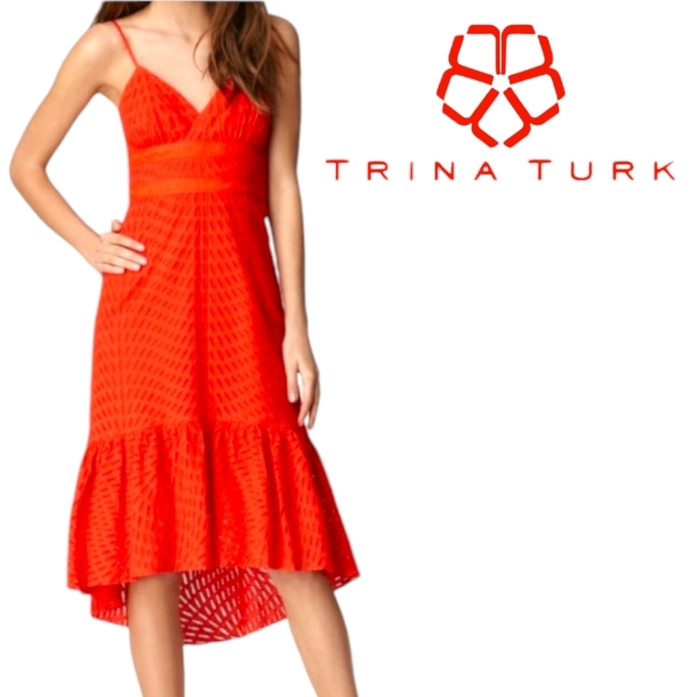Trina Turk Gracia Red Eyelet Perforated High Low Dress Adjust Skinny Straps Sz 6